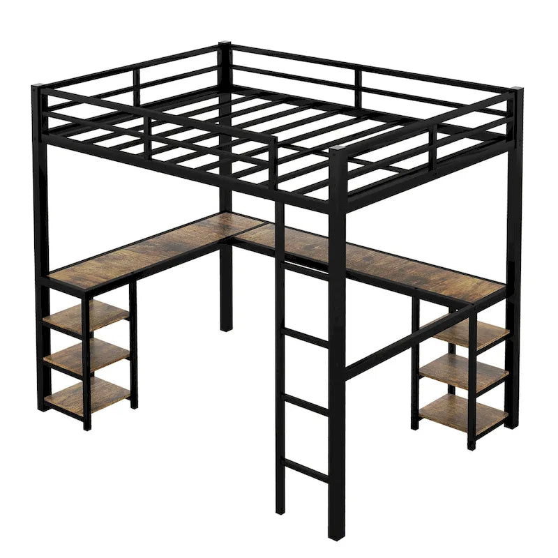 Cama alta metálica negra tamaño Twin XL con escritorio, estantes, escalera y barandillas de seguridad