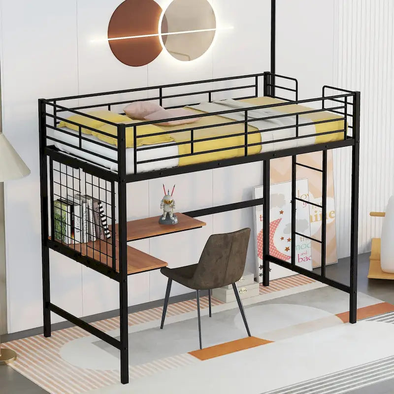 Cama alta metálica tamaño Twin con escritorio, escalera y rejilla