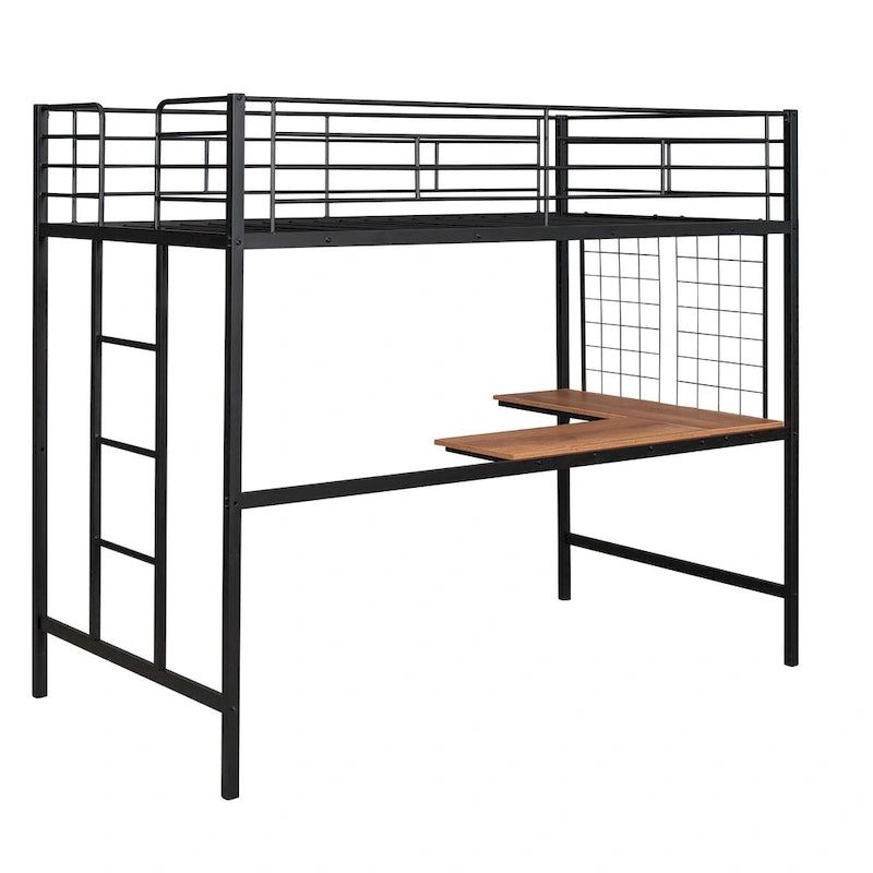 Cama alta metálica tamaño Twin con escritorio, escalera y rejilla