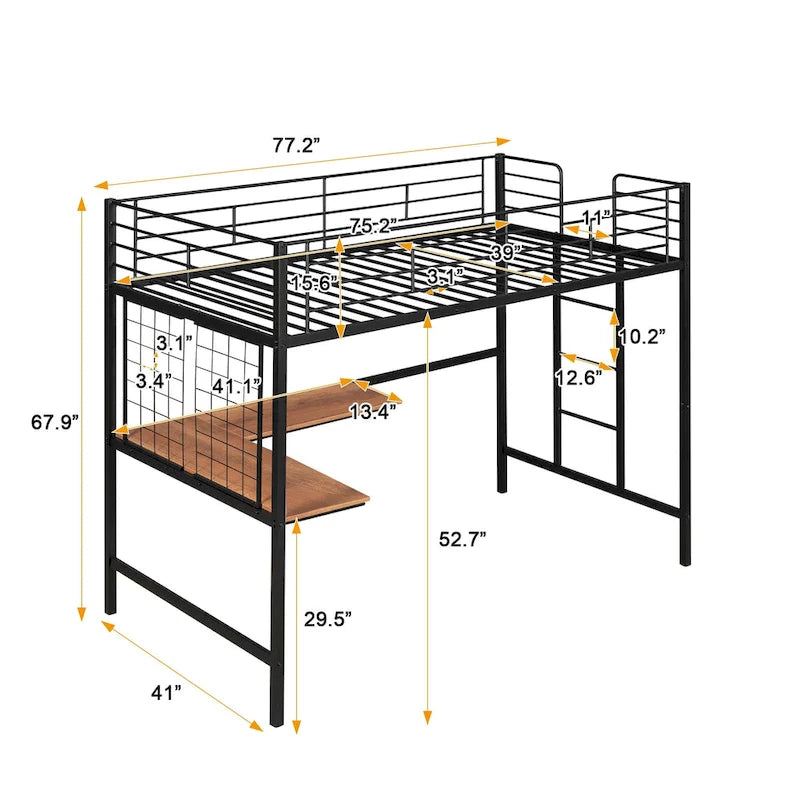Cama alta metálica tamaño Twin con escritorio, escalera y rejilla