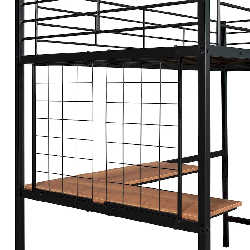 Cama alta metálica tamaño Twin con escritorio, escalera y rejilla