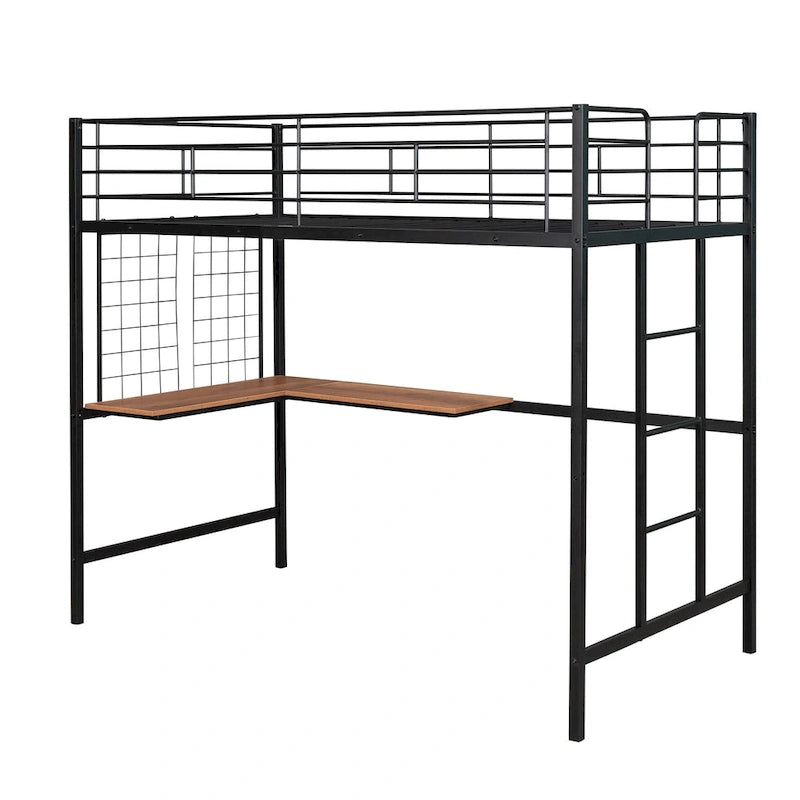 Cama alta metálica tamaño Twin con escritorio, escalera y rejilla