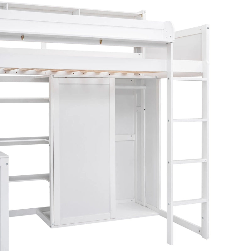 Cama alta de madera tamaño Twin con estantes, armario y escritorio