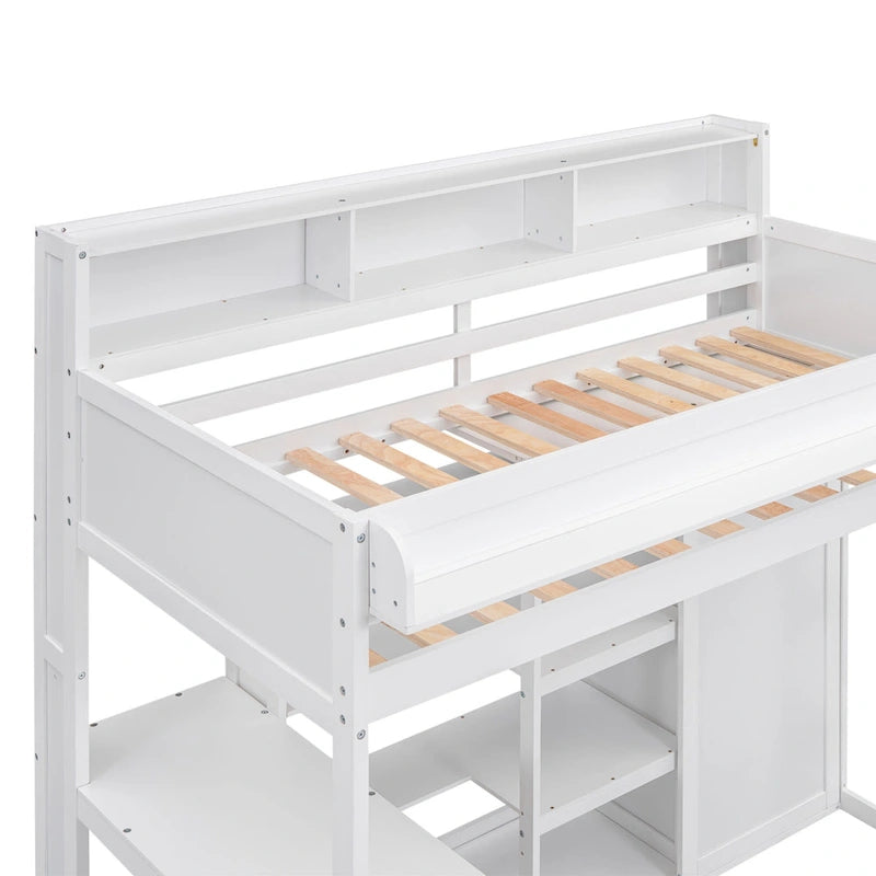 Cama alta de madera tamaño Twin con estantes, armario y escritorio