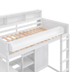 Cama alta de madera tamaño Twin con estantes, armario y escritorio