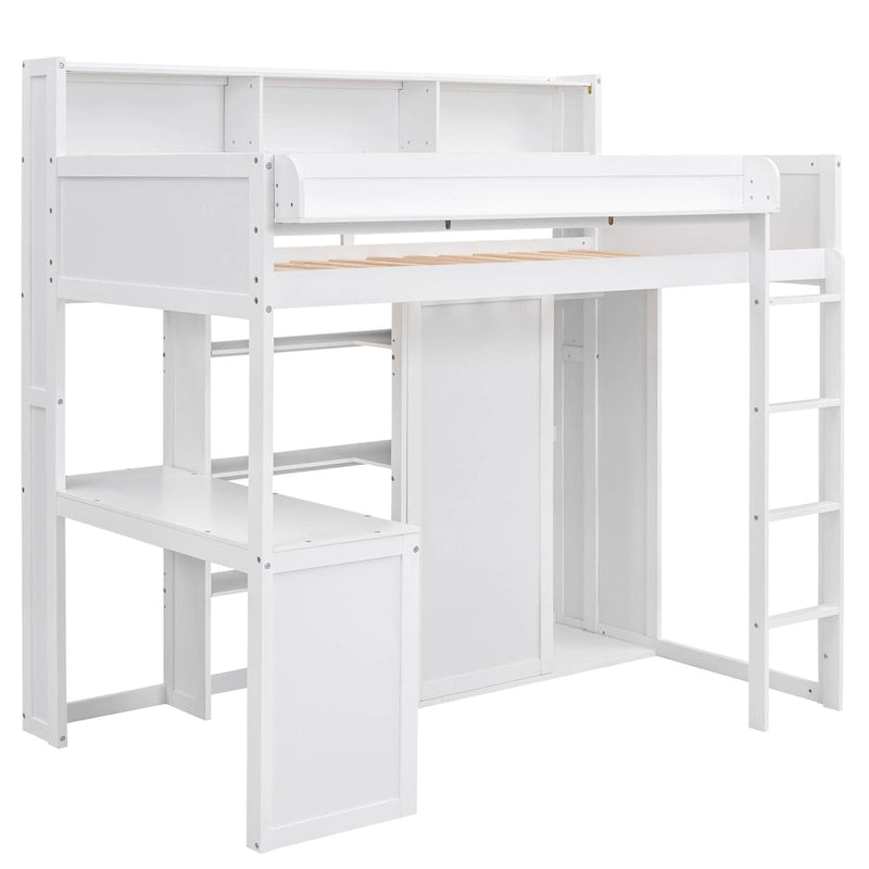 Cama alta de madera tamaño Twin con estantes, armario y escritorio