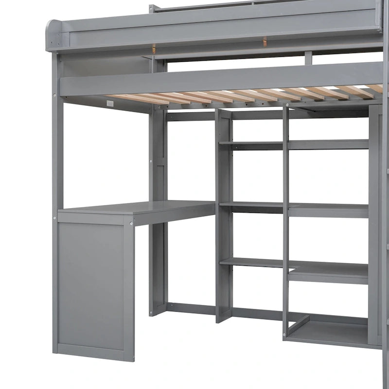 Cama alta de madera tamaño Twin con estantes, armario y escritorio