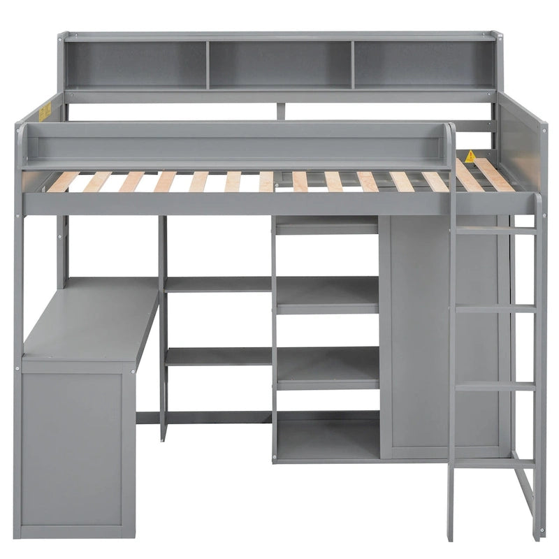 Cama alta de madera tamaño Twin con estantes, armario y escritorio