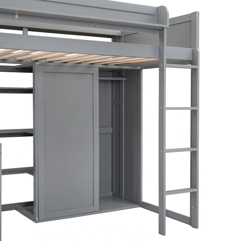 Cama alta de madera tamaño Twin con estantes, armario y escritorio
