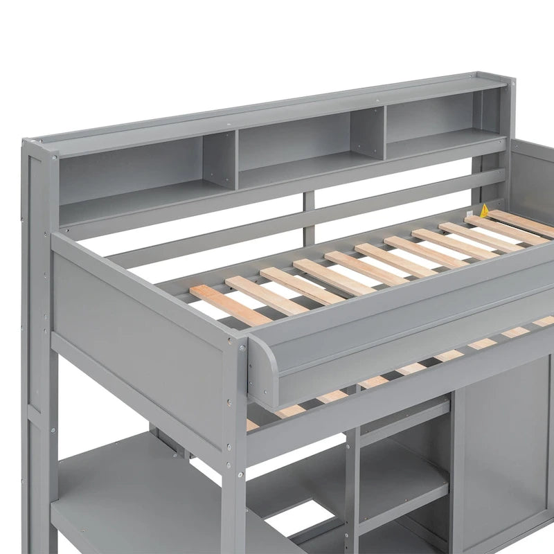Cama alta de madera tamaño Twin con estantes, armario y escritorio
