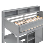 Cama alta de madera tamaño Twin con estantes, armario y escritorio