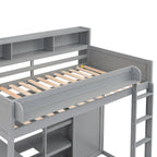 Cama alta de madera tamaño Twin con estantes, armario y escritorio