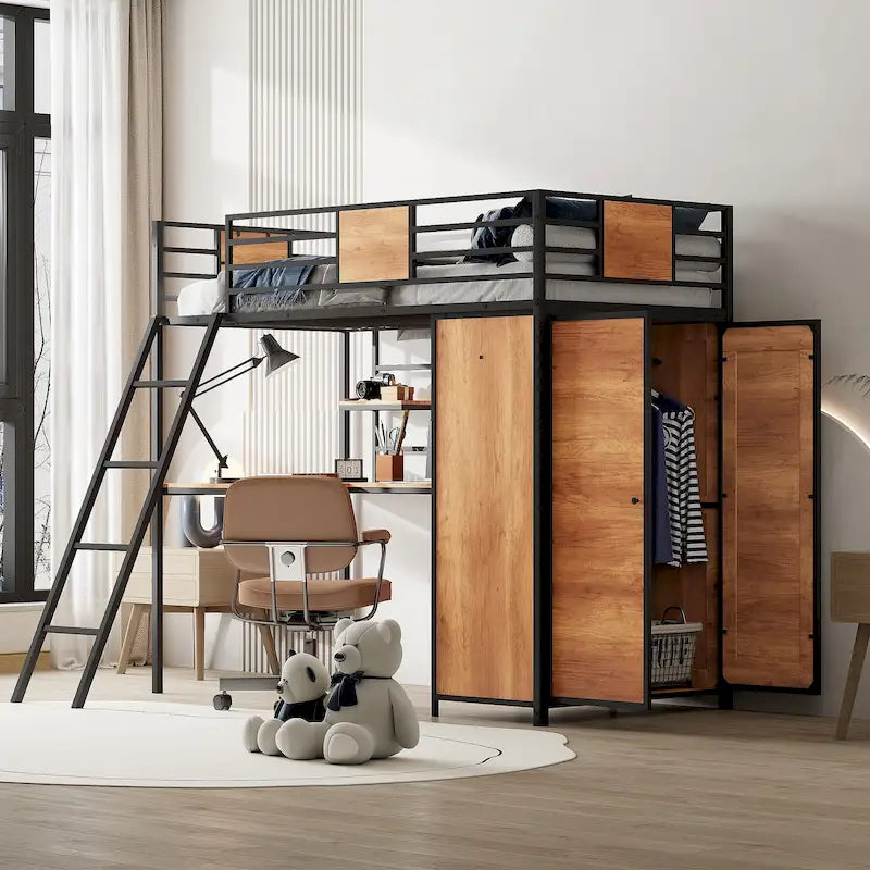 Cama alta metálica de madera tamaño Twin negra con escritorio en forma de L