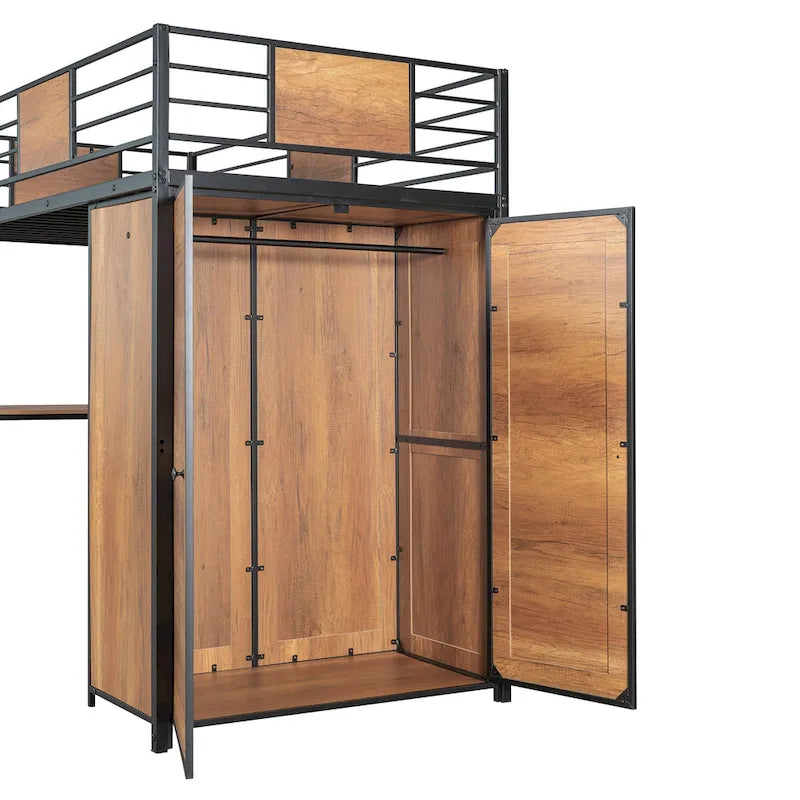 Black Twin Metal Wood Loft Bed with L-shape Desk
