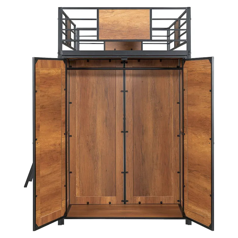 Cama alta metálica de madera tamaño Twin negra con escritorio en forma de L