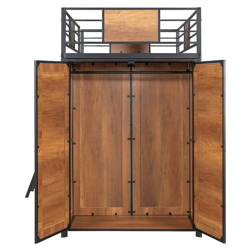 Cama alta metálica de madera tamaño Twin negra con escritorio en forma de L