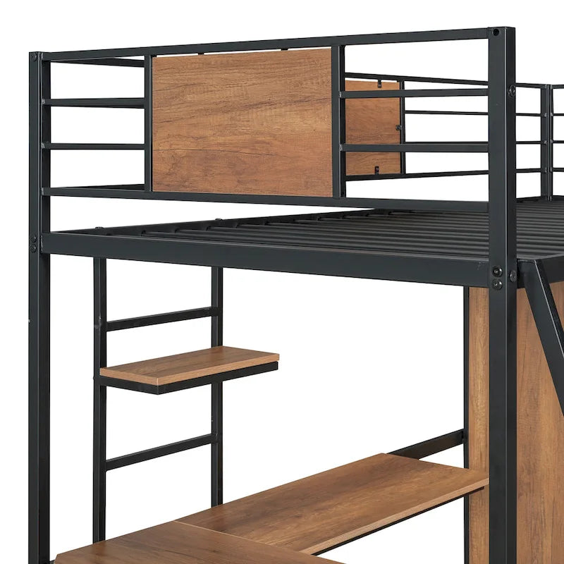 Cama alta metálica de madera tamaño Twin negra con escritorio en forma de L