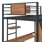 Cama alta metálica de madera tamaño Twin negra con escritorio en forma de L
