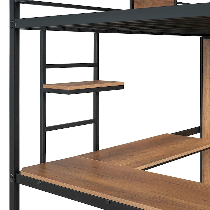 Cama alta metálica de madera tamaño Twin negra con escritorio en forma de L