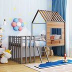 Cama alta metálica tamaño Twin con techo, ventana y escalera