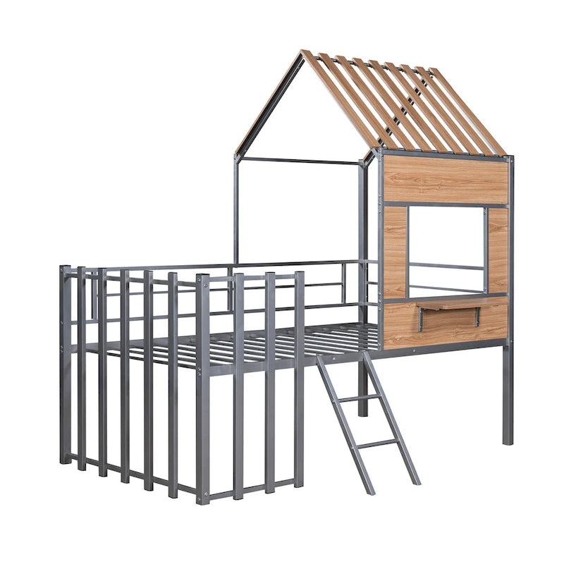 Cama alta metálica tamaño Twin con techo, ventana y escalera