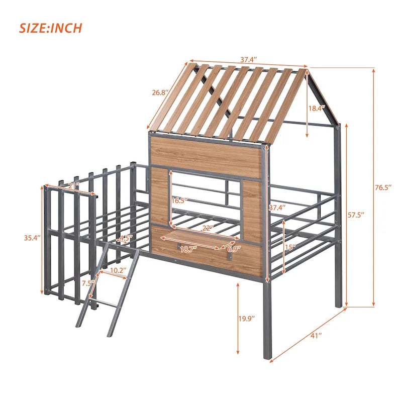 Cama alta metálica tamaño Twin con techo, ventana y escalera