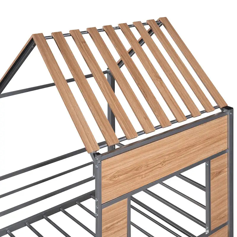 Cama alta metálica tamaño Twin con techo, ventana y escalera