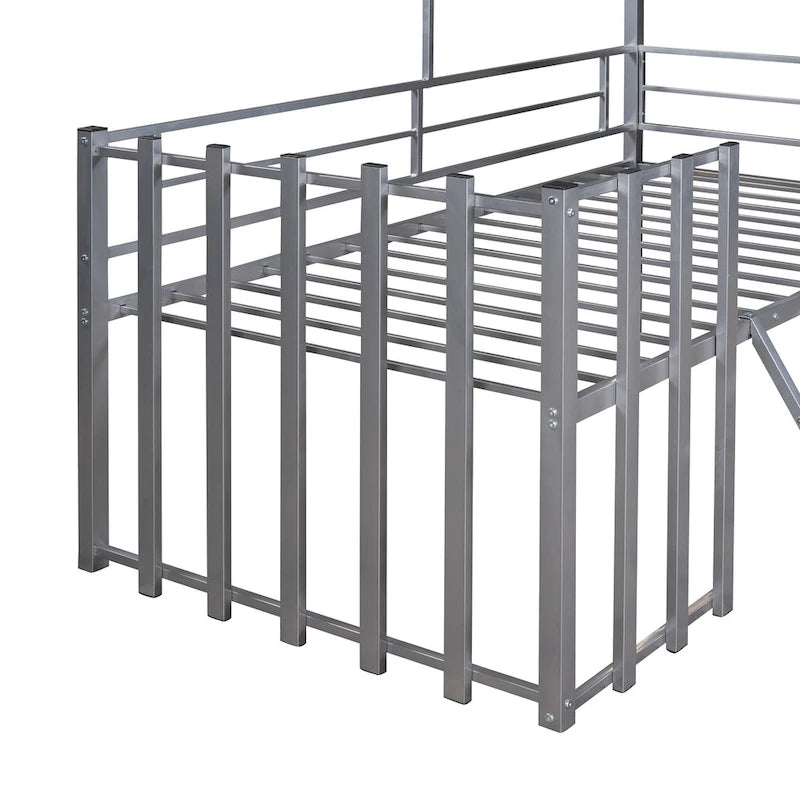 Cama alta metálica tamaño Twin con techo, ventana y escalera