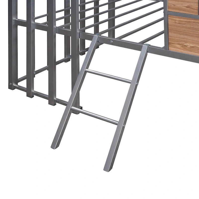 Cama alta metálica tamaño Twin con techo, ventana y escalera