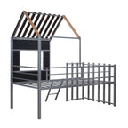 Cama alta metálica tamaño Twin con techo, ventana y escalera