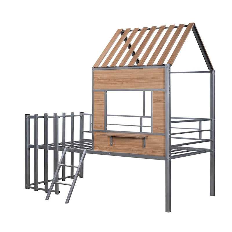 Cama alta metálica tamaño Twin con techo, ventana y escalera