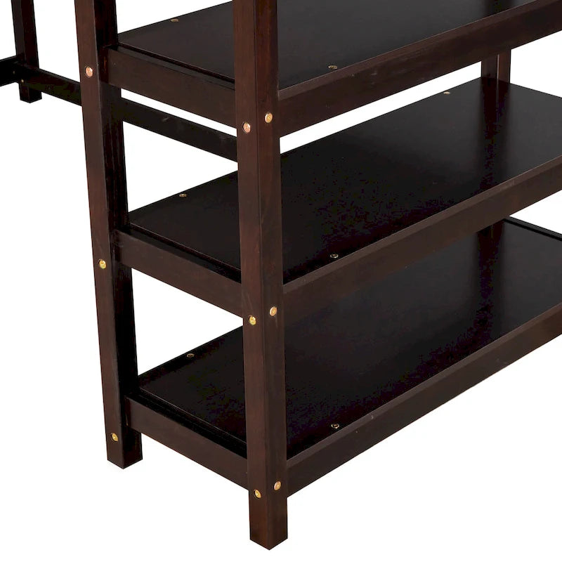 Hochbett aus Massivholz in Twin-Größe mit Schreibtisch und Regalen