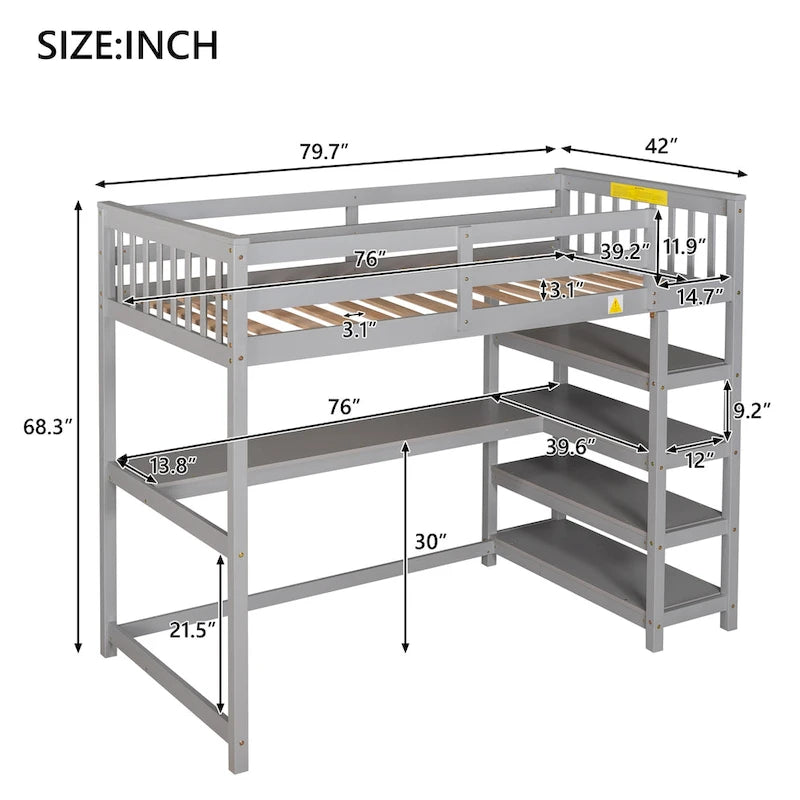 Hochbett aus Massivholz in Twin-Größe mit Schreibtisch und Regalen
