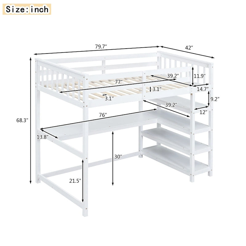 Hochbett aus Massivholz in Twin-Größe mit Schreibtisch und Regalen