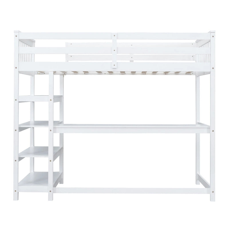 Hochbett aus Massivholz in Twin-Größe mit Schreibtisch und Regalen
