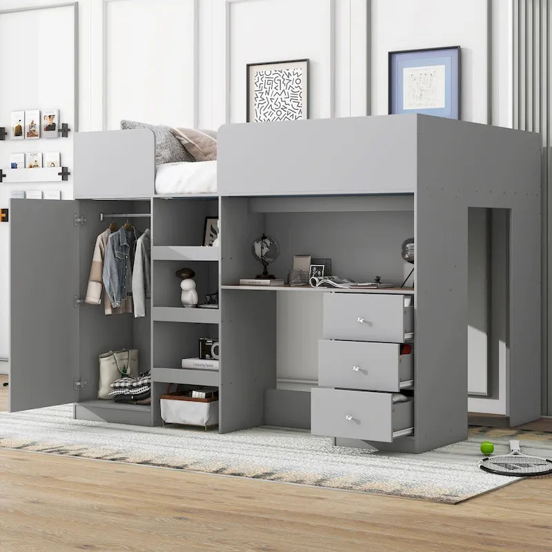 Lit mezzanine double entièrement en bois massif avec armoire et bureau