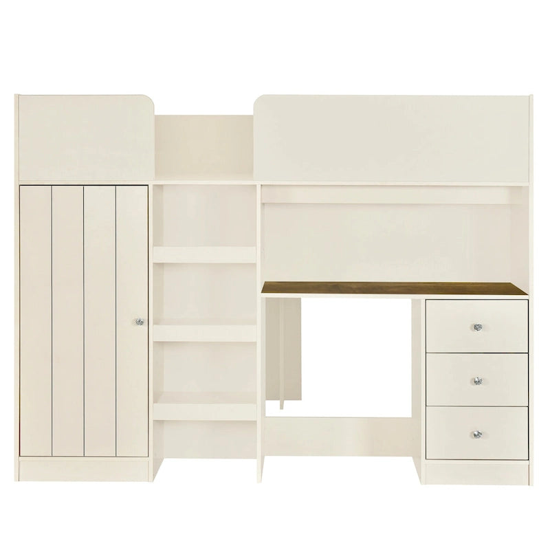 Full Solid Wood Loft Bed with Wardrobe & Desk