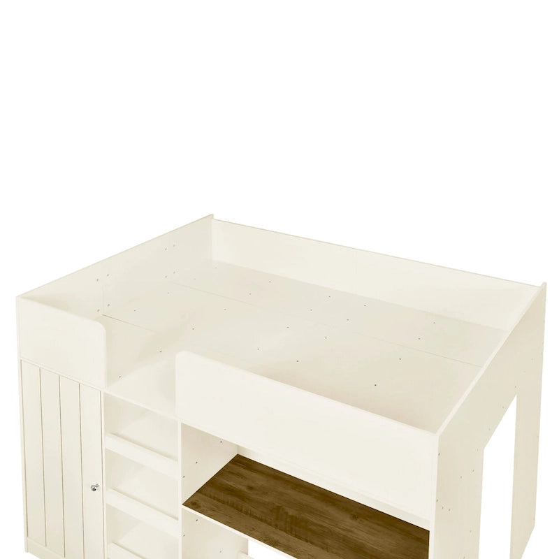 Lit mezzanine double entièrement en bois massif avec armoire et bureau