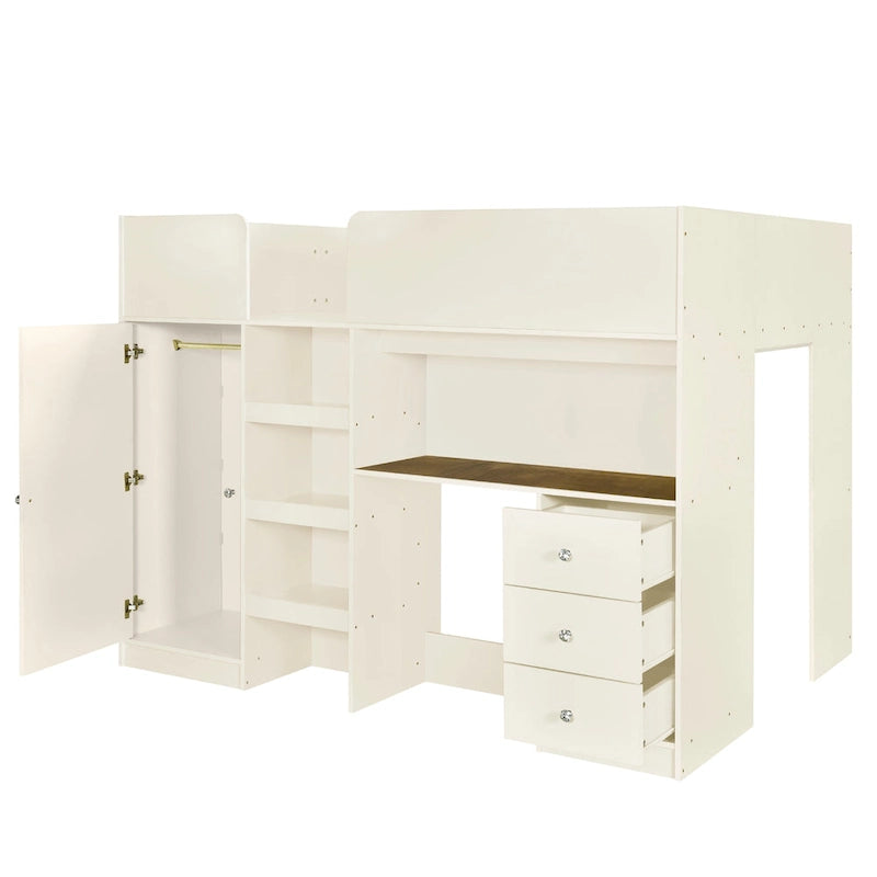 Lit mezzanine double entièrement en bois massif avec armoire et bureau