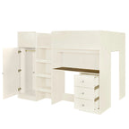 Lit mezzanine double entièrement en bois massif avec armoire et bureau
