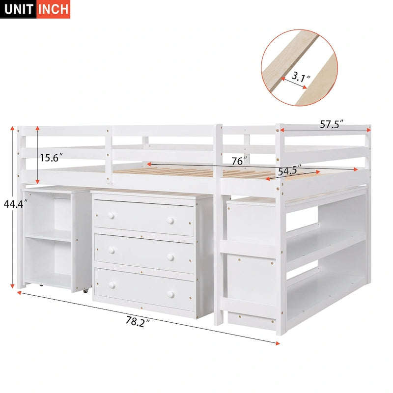 Lit mezzanine multifonction 2 places avec bureau mobile