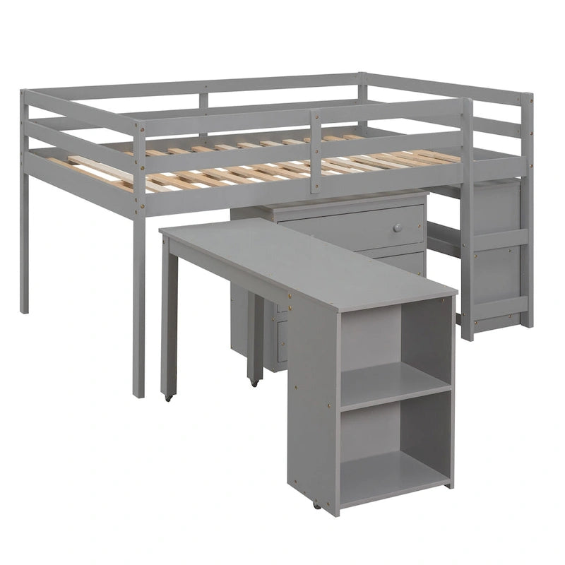Lit mezzanine multifonction 2 places avec bureau mobile