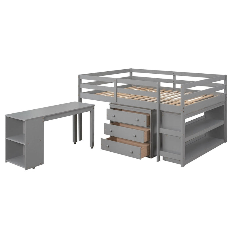 Lit mezzanine multifonction 2 places avec bureau mobile
