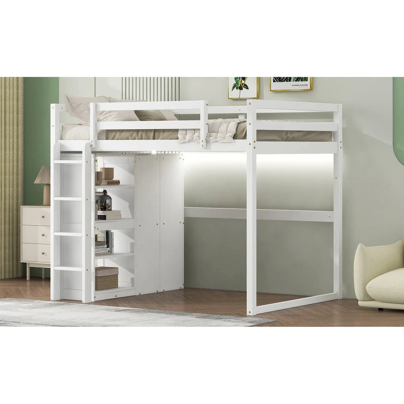 Cama alta de madera tamaño Full con armario y estantes de almacenamiento