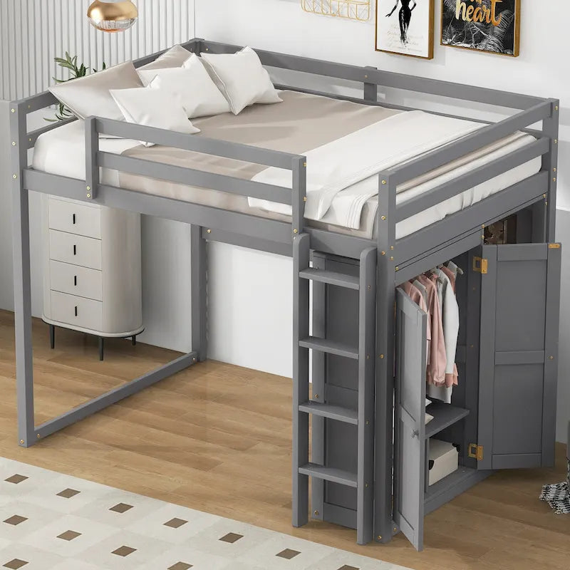 Cama alta de madera tamaño Full con armario y estantes de almacenamiento