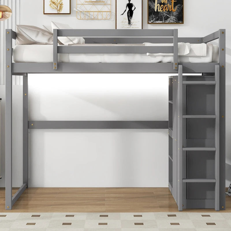 Cama alta de madera tamaño Full con armario y estantes de almacenamiento