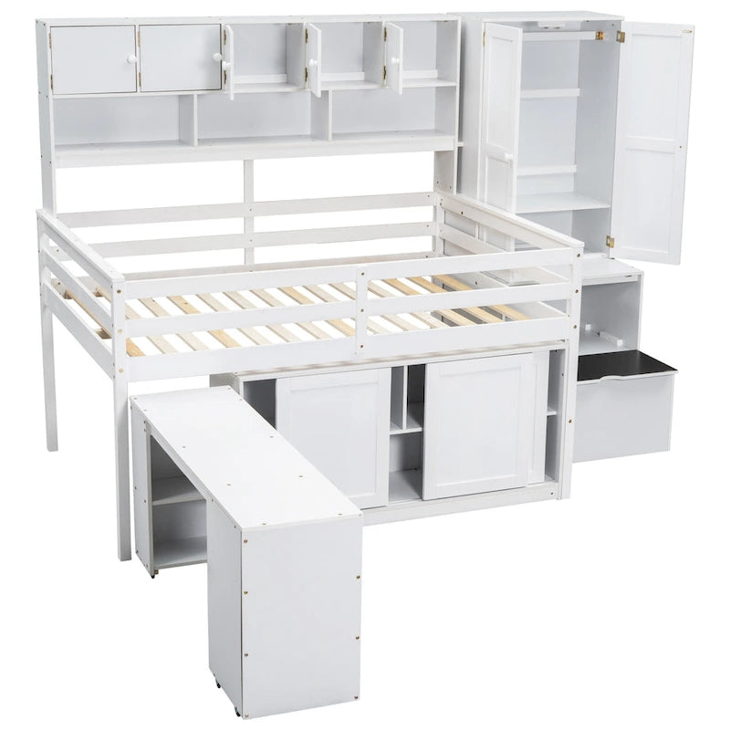 Cama alta de madera tamaño Full blanca con armario integrado y escritorio debajo de la cama