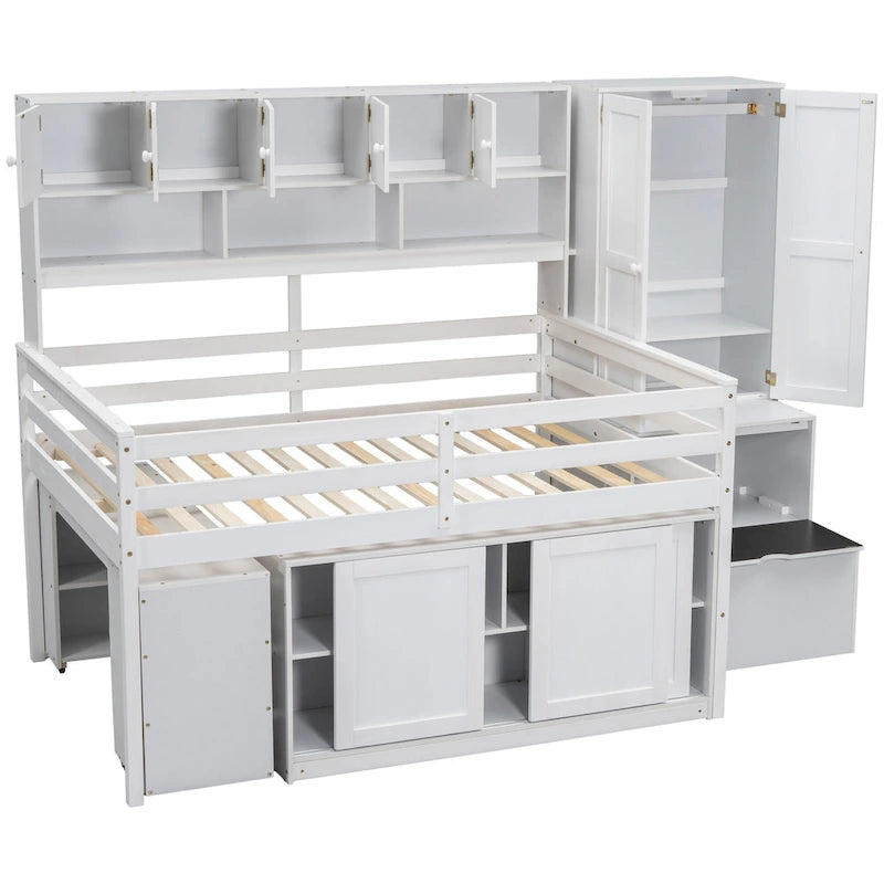 Cama alta de madera tamaño Full blanca con armario integrado y escritorio debajo de la cama