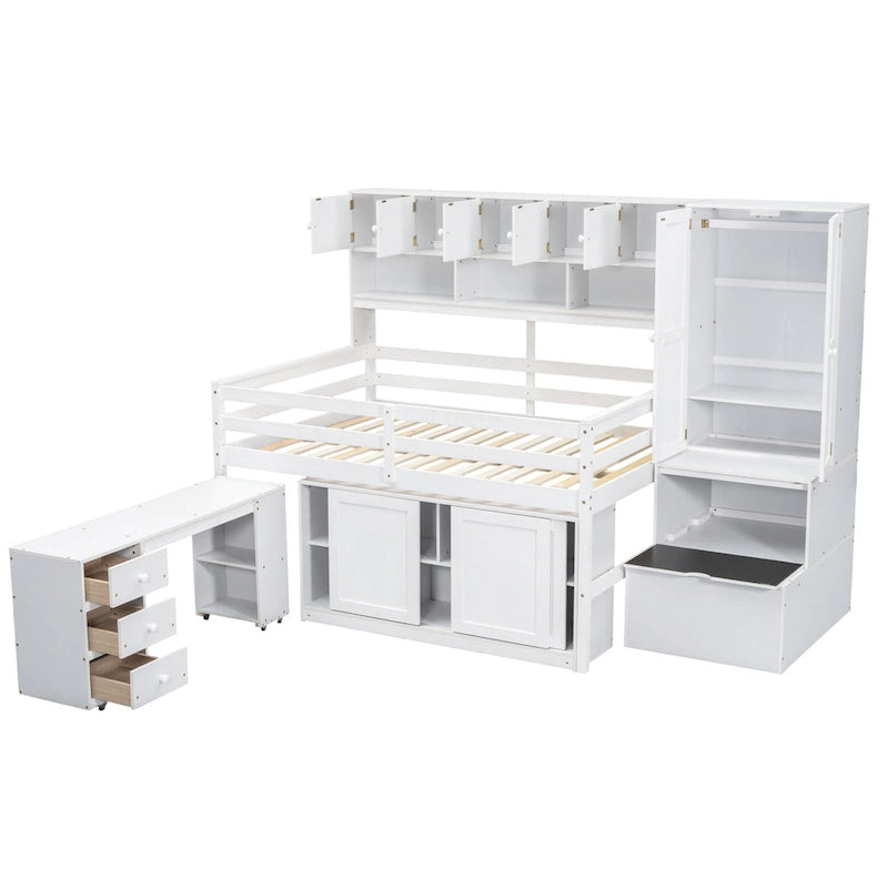 Cama alta de madera tamaño Full blanca con armario integrado y escritorio debajo de la cama