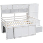 Cama alta de madera tamaño Full blanca con armario integrado y escritorio debajo de la cama